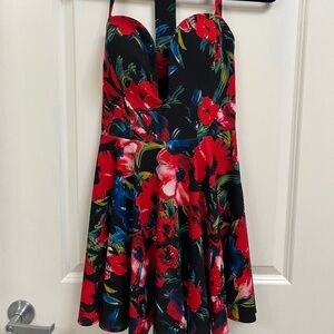 Bebe x Naven Red Floral Skater Dress with Cutout Back (Size 2)